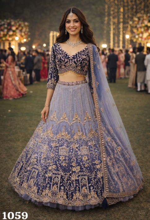 Lavender Net Lehenga Choli with Embroidered, Sequins and Zari Work