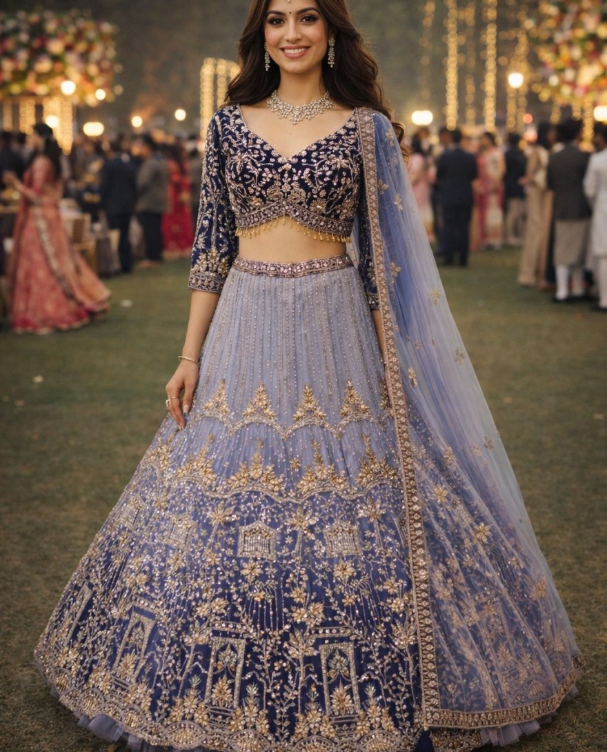 BLUE - Lavender Net Lehenga Choli with Embroidered, Sequins and Zari Work