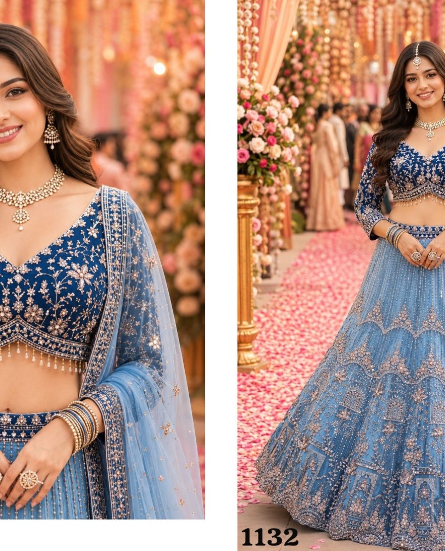 BLUE - Aqua Blue Net Embroidered, Hand, Stone and Zari Work Readymade Lehenga Choli