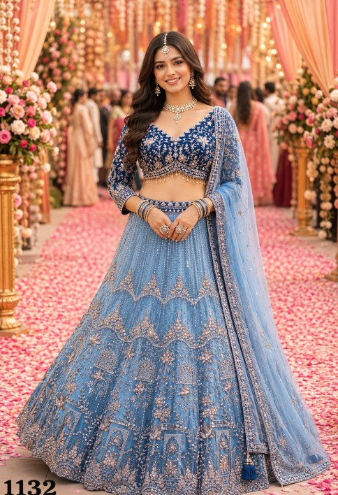 Aqua Blue Net Embroidered, Hand, Stone and Zari Work Readymade Lehenga Choli