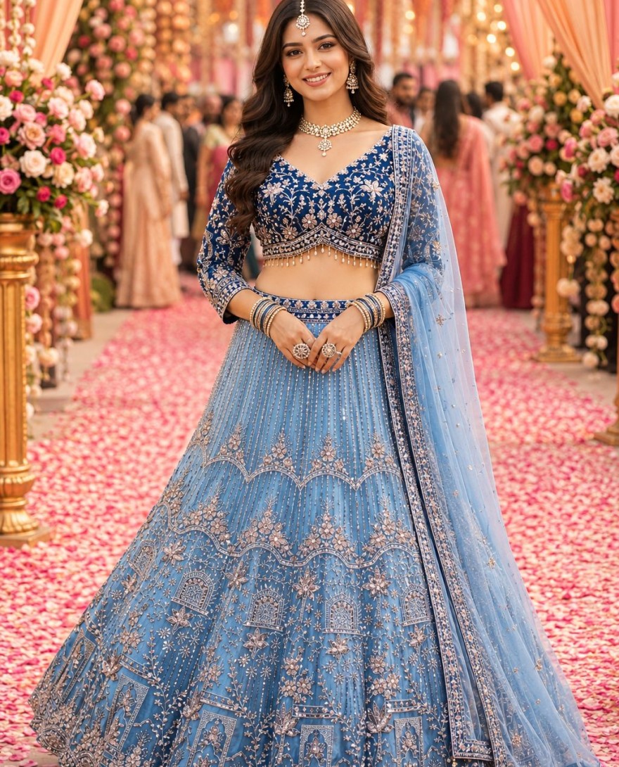 BLUE - Aqua Blue Net Embroidered, Hand, Stone and Zari Work Readymade Lehenga Choli