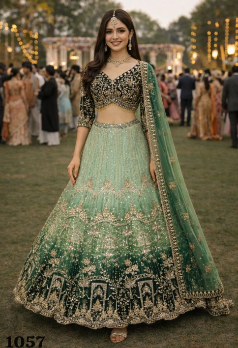Net Lehenga Choli In Green Colour
