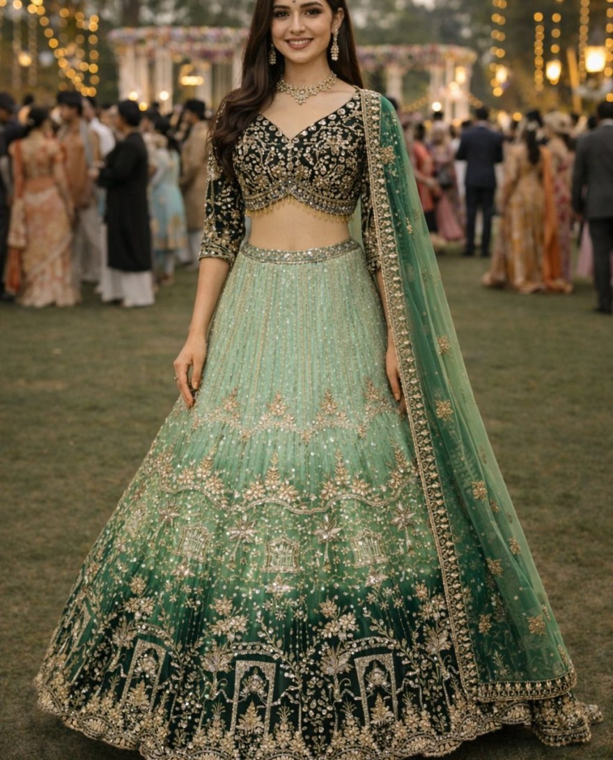 GREEN - Net Lehenga Choli In Green Colour