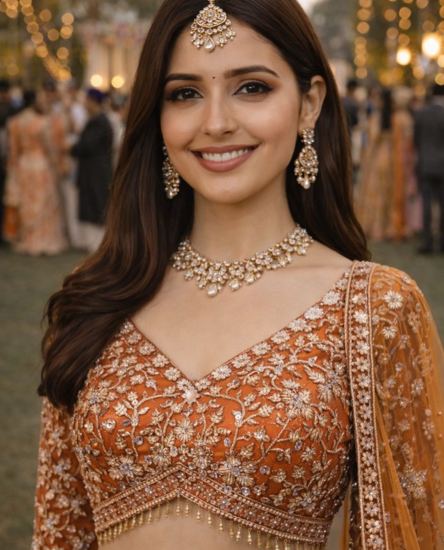 ORANGE - Orange Net Embroidered and Stone Work Readymade Lehenga Choli