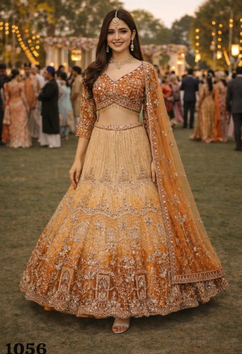 Orange Net Embroidered and Stone Work Readymade Lehenga Choli