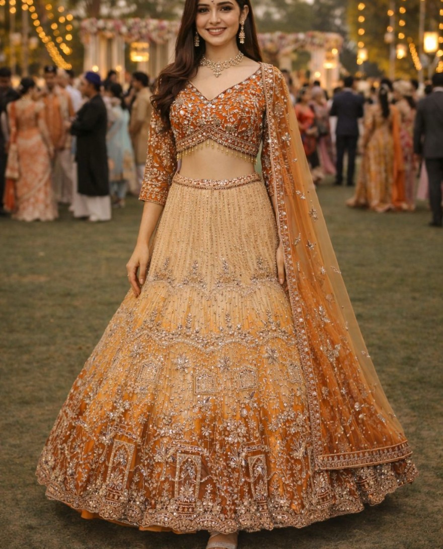 ORANGE - Orange Net Embroidered and Stone Work Readymade Lehenga Choli