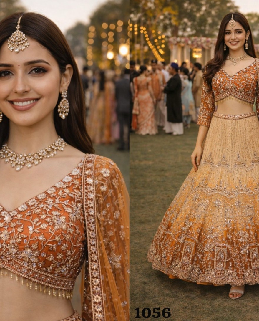 ORANGE - Orange Net Embroidered and Stone Work Readymade Lehenga Choli