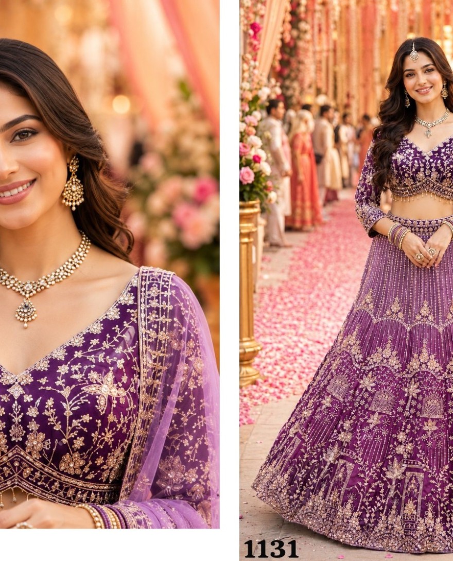 PURPLE - Magnetic Purple Net Lehenga Choli with Embroidered, Hand, Stone and Zari Work