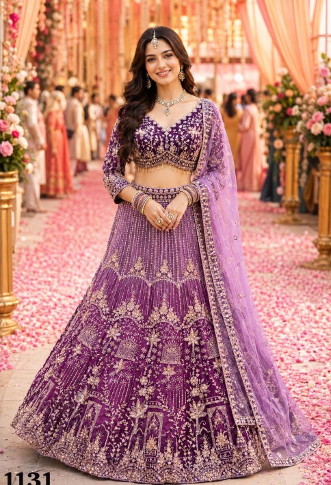 Magnetic Purple Net Lehenga Choli with Embroidered, Hand, Stone and Zari Work