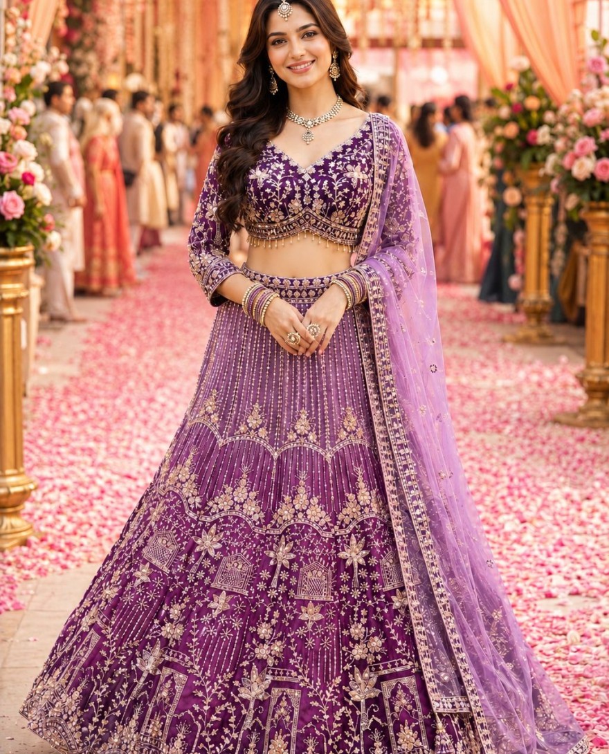 PURPLE - Magnetic Purple Net Lehenga Choli with Embroidered, Hand, Stone and Zari Work