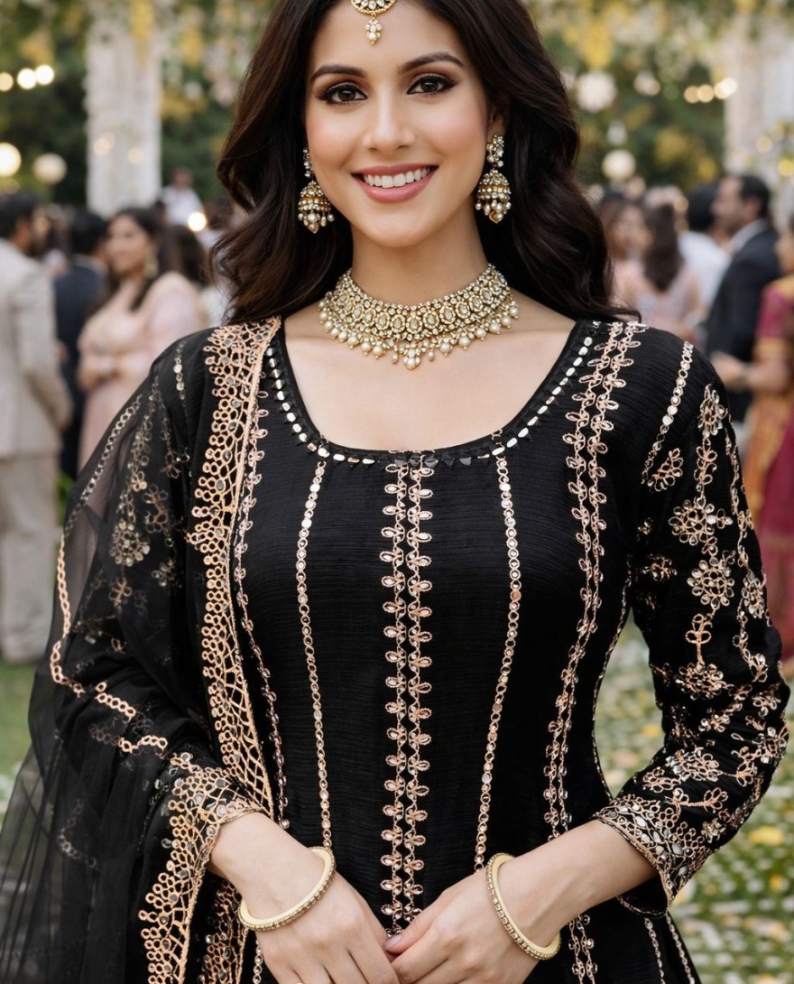 BLACK - Black Chinnon Palazzo Kameez with Mirror Work