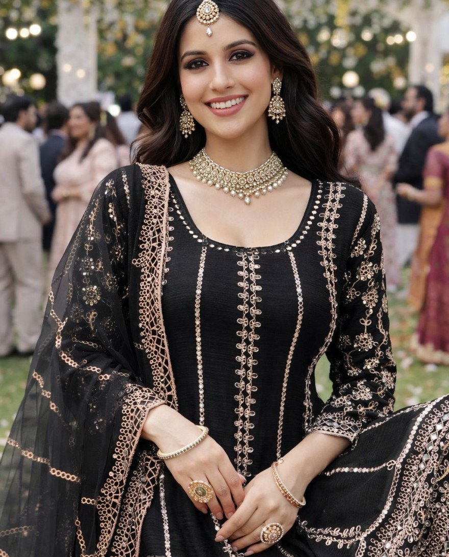 BLACK - Black Chinnon Palazzo Kameez with Mirror Work