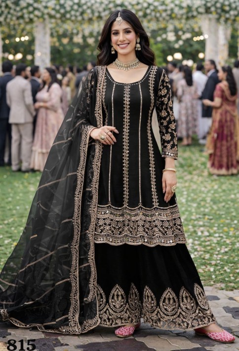 Black Chinnon Palazzo Kameez with Mirror Work