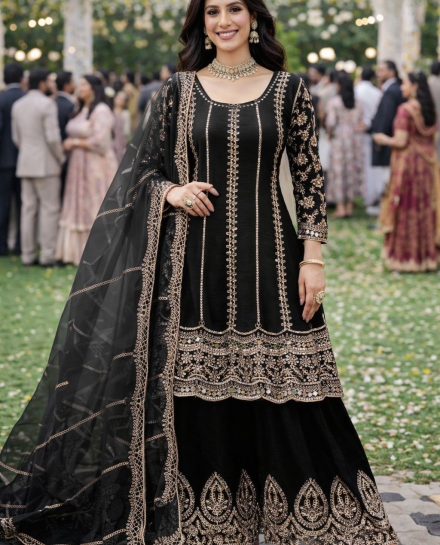 BLACK - Black Chinnon Palazzo Kameez with Mirror Work