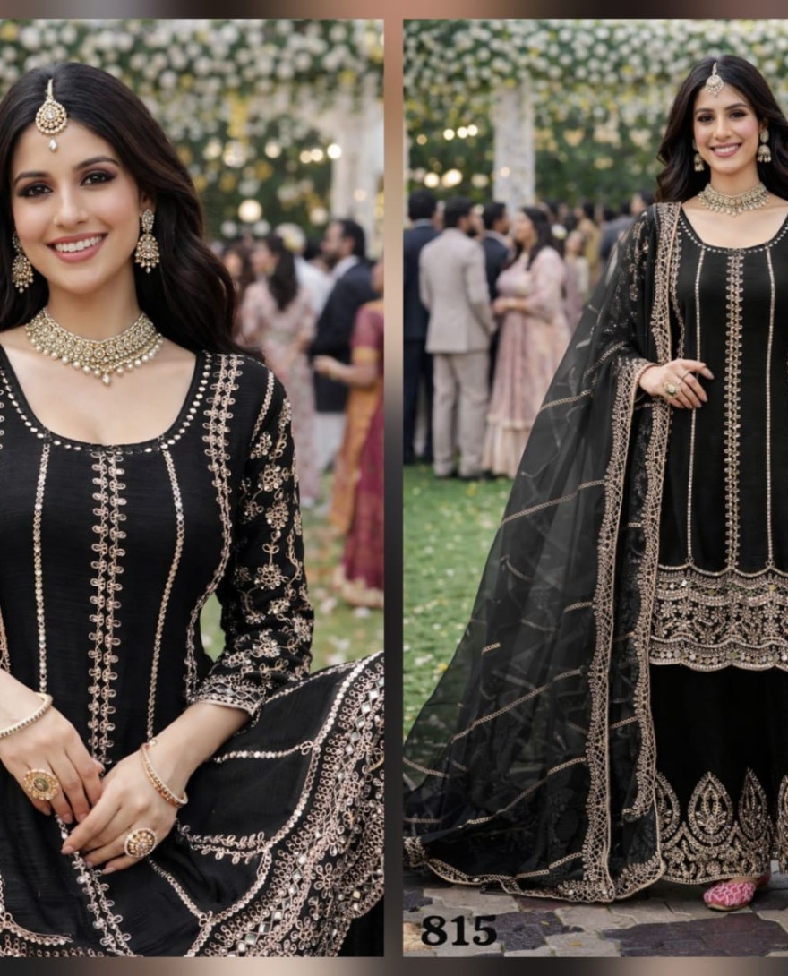 BLACK - Black Chinnon Palazzo Kameez with Mirror Work