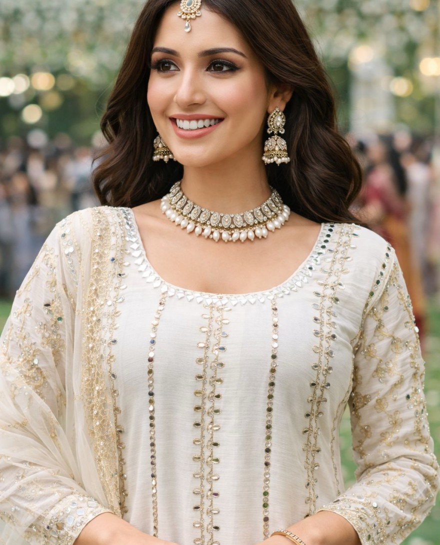 WHITE - Off White Chinnon Palazzo Kameez with Mirror Work