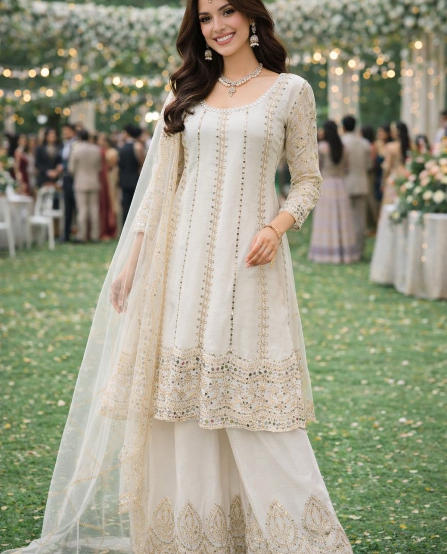 WHITE - Off White Chinnon Palazzo Kameez with Mirror Work