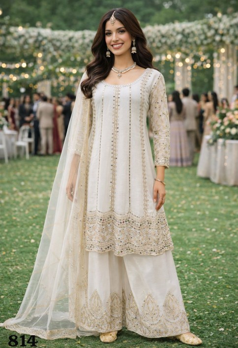 Off White Chinnon Palazzo Kameez with Mirror Work