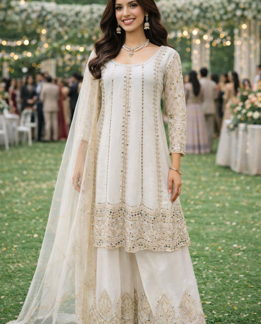 WHITE - Off White Chinnon Palazzo Kameez with Mirror Work