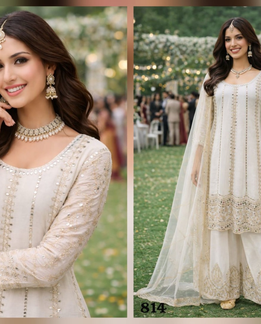 WHITE - Off White Chinnon Palazzo Kameez with Mirror Work