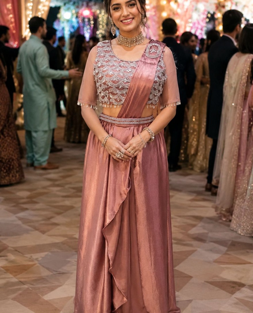 PINK - Pink Crush Contemporary Saree with Embroidered Work for Ceremonial