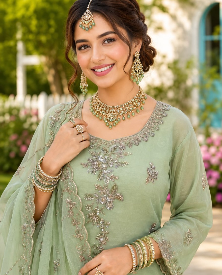 GREEN - Sea Green Fancy Fabric Salwar Suit with Beads, Embroidered and Sequins Work