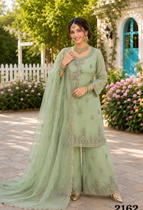 Sea Green Fancy Fabric Salwar Suit with Beads, Embroidered and Sequins Work
