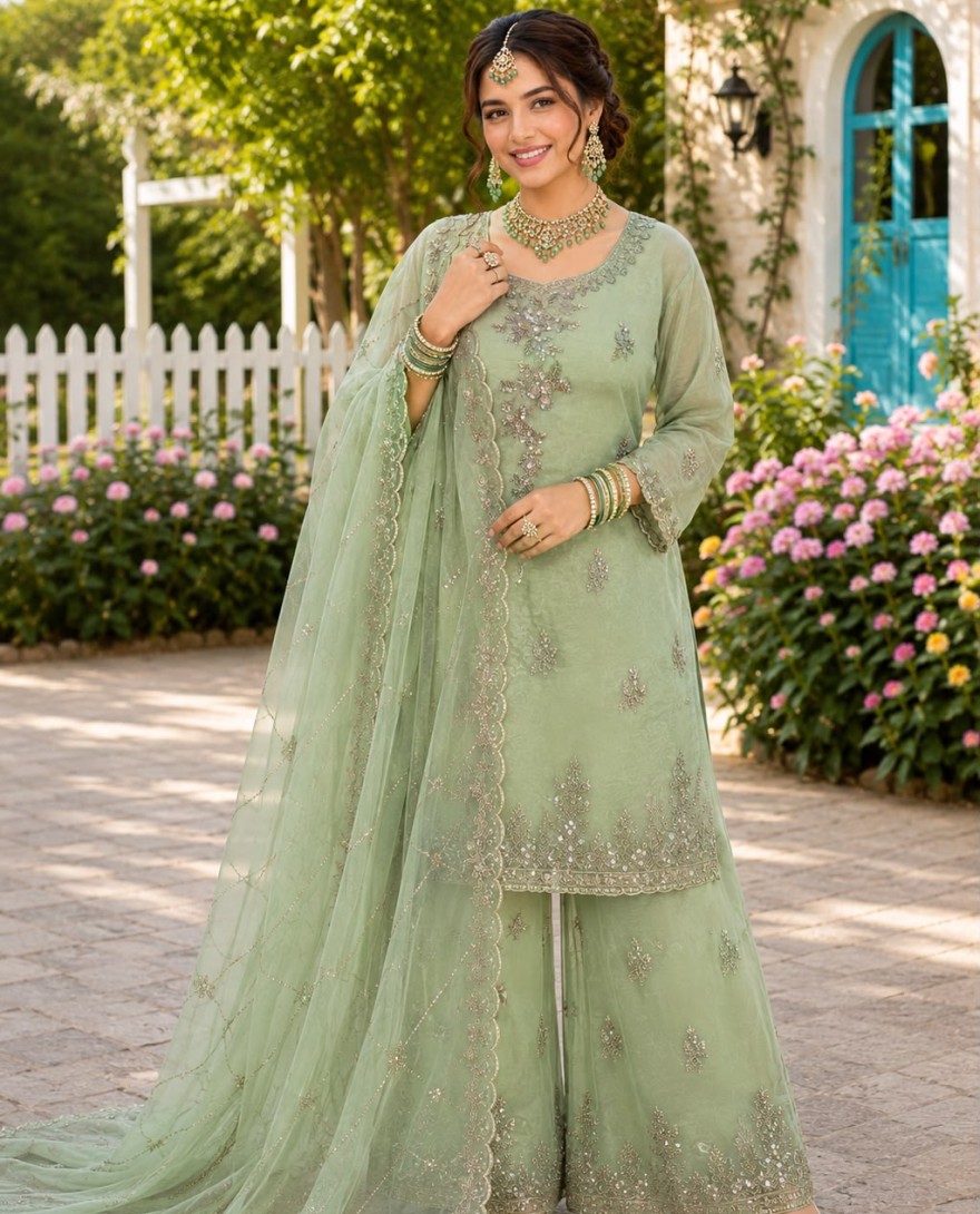 GREEN - Sea Green Fancy Fabric Salwar Suit with Beads, Embroidered and Sequins Work