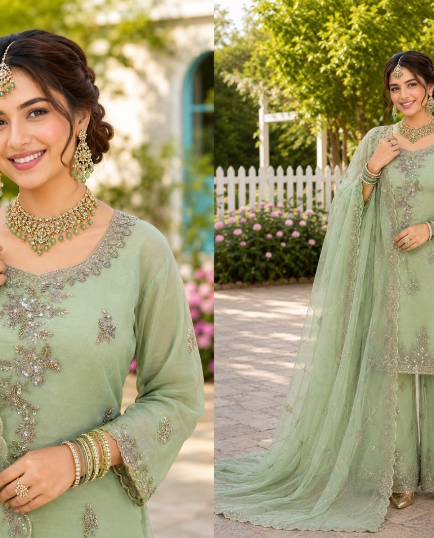 GREEN - Sea Green Fancy Fabric Salwar Suit with Beads, Embroidered and Sequins Work