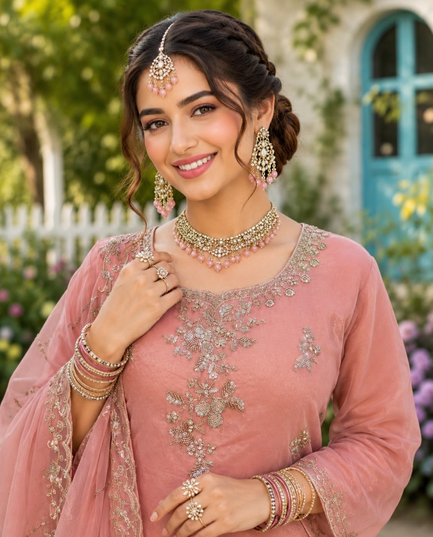 PEACH - Peach Fancy Fabric Readymade Salwar Suit with Beads, Embroidered and Sequins Work