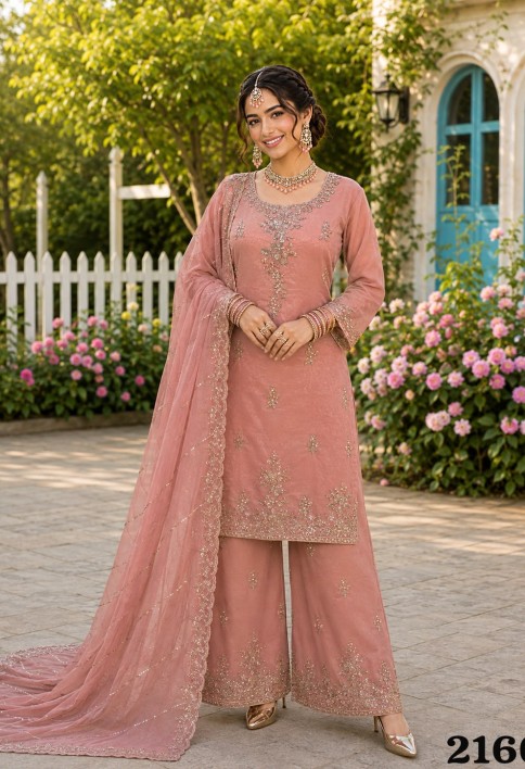 Peach Fancy Fabric Readymade Salwar Suit with Beads, Embroidered and Sequins Work