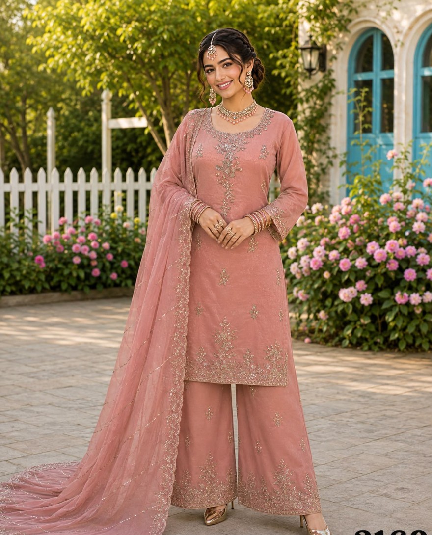 PEACH - Peach Fancy Fabric Readymade Salwar Suit with Beads, Embroidered and Sequins Work