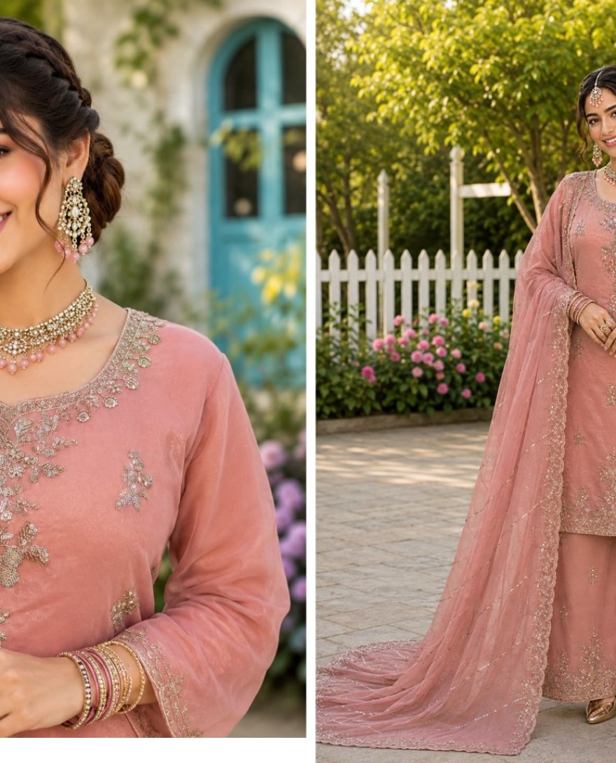 PEACH - Peach Fancy Fabric Readymade Salwar Suit with Beads, Embroidered and Sequins Work