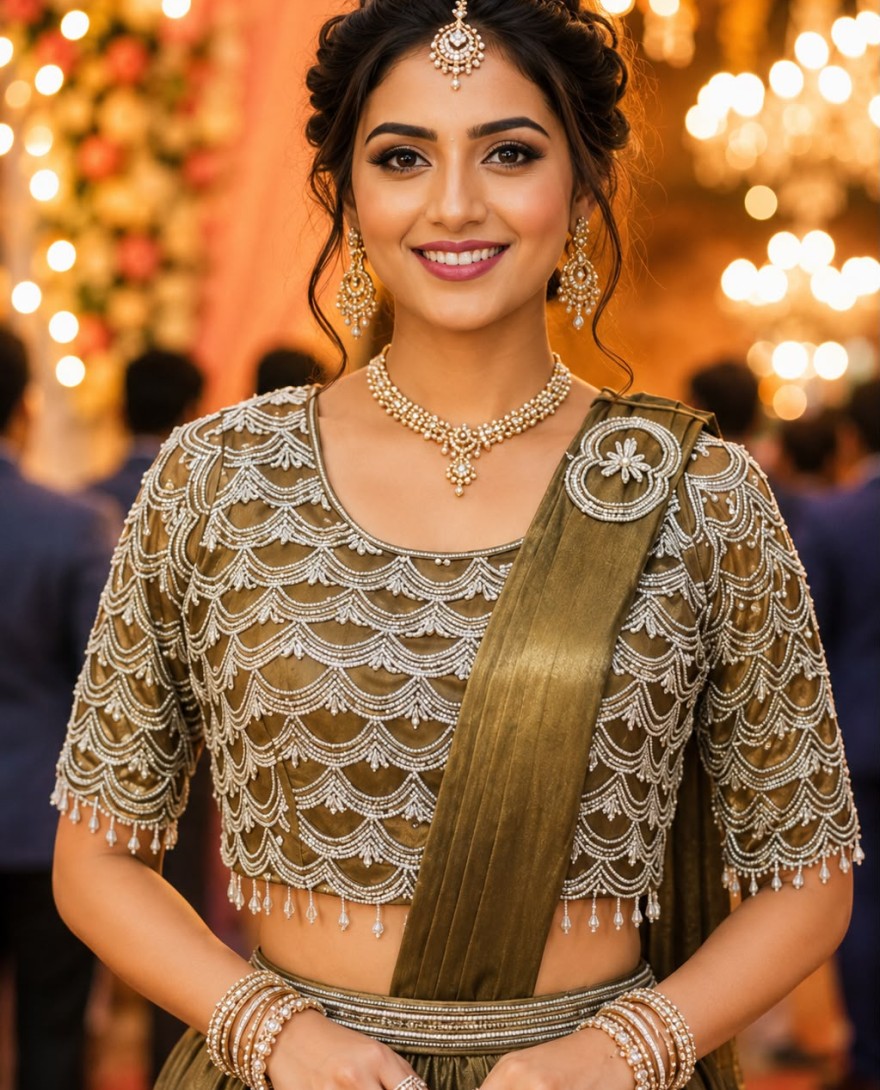 GOLDEN - Embroidered Work Crush Contemporary Saree In Gold Colour