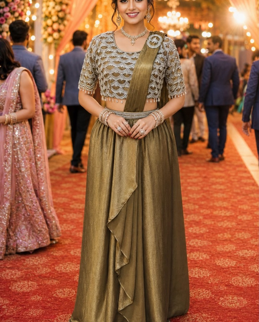 GOLDEN - Embroidered Work Crush Contemporary Saree In Gold Colour