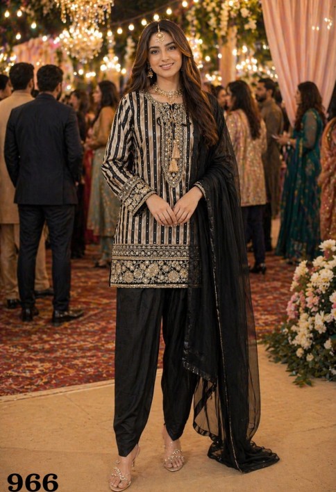 Black Crepe Silk Salwar Suit with Cord, Embroidered and Sequins Work