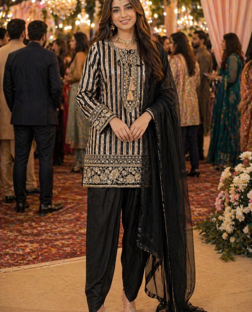 BLACK - Black Crepe Silk Salwar Suit with Cord, Embroidered and Sequins Work