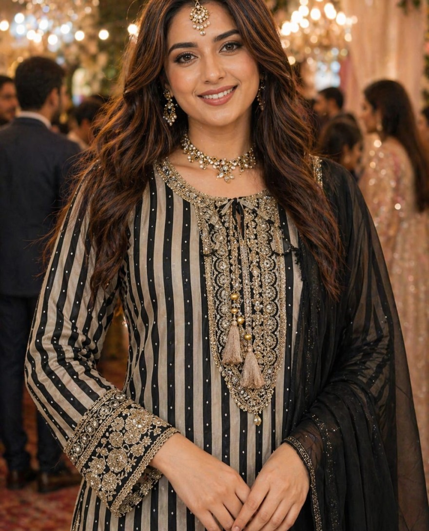 BLACK - Black Crepe Silk Salwar Suit with Cord, Embroidered and Sequins Work