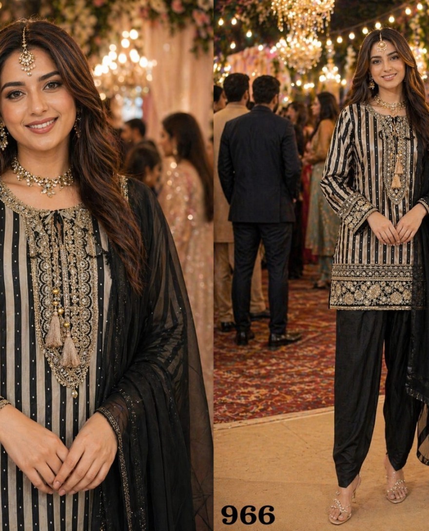 BLACK - Black Crepe Silk Salwar Suit with Cord, Embroidered and Sequins Work