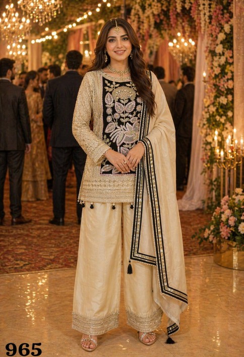 Hypnotic Cream Silk Palazzo Salwar Suit with Cord, Embroidered and Sequins Work