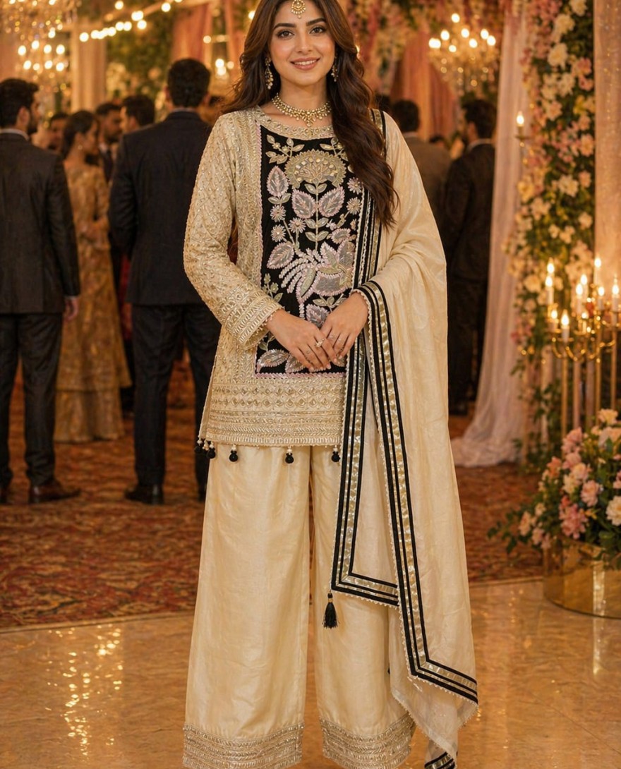CREAM - Hypnotic Cream Silk Palazzo Salwar Suit with Cord, Embroidered and Sequins Work