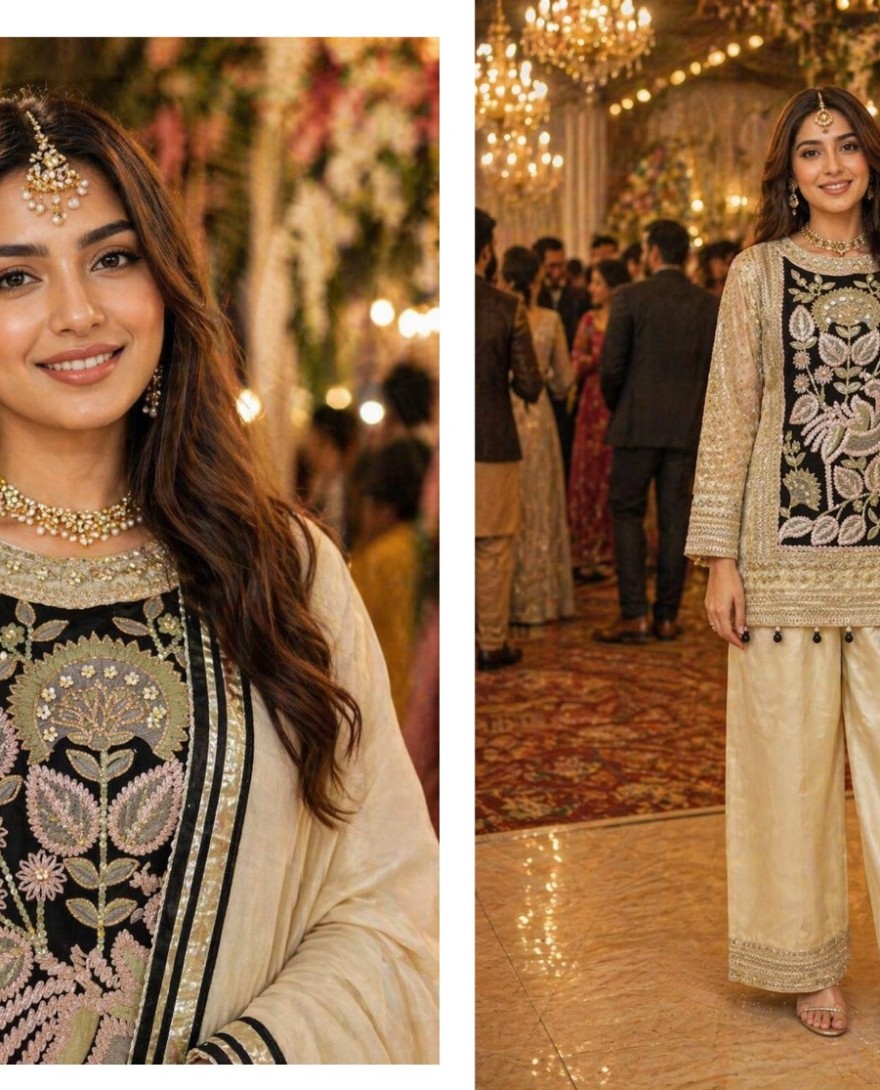 CREAM - Hypnotic Cream Silk Palazzo Salwar Suit with Cord, Embroidered and Sequins Work