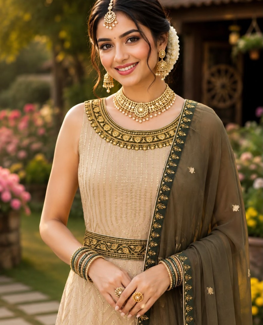 GREEN - Georgette Designer Gown In Cream and Green Colour