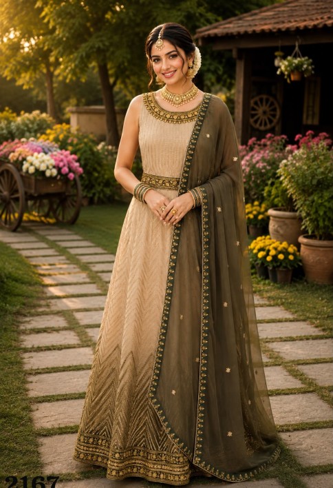 Georgette Designer Gown In Cream and Green Colour