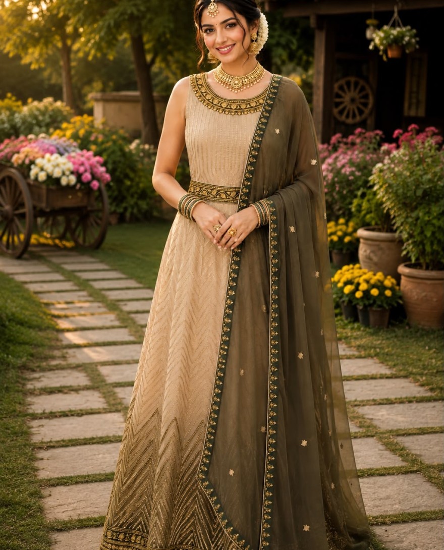 GREEN - Georgette Designer Gown In Cream and Green Colour