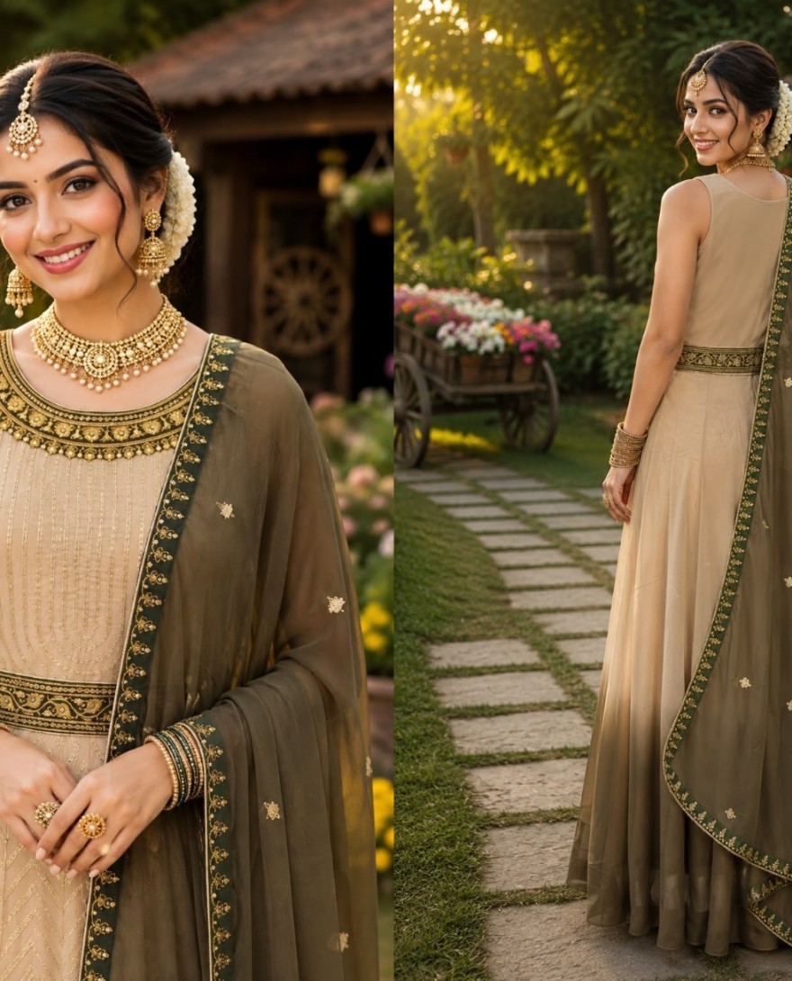 GREEN - Georgette Designer Gown In Cream and Green Colour