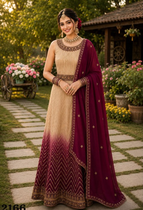 Georgette Designer Gown In Cream and Maroon Colour
