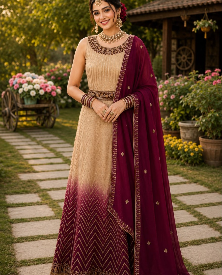 MAROON - Georgette Designer Gown In Cream and Maroon Colour