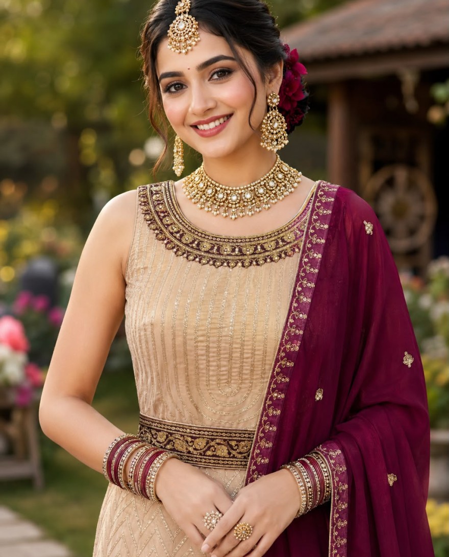 MAROON - Georgette Designer Gown In Cream and Maroon Colour