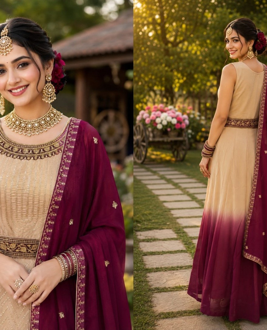 MAROON - Georgette Designer Gown In Cream and Maroon Colour
